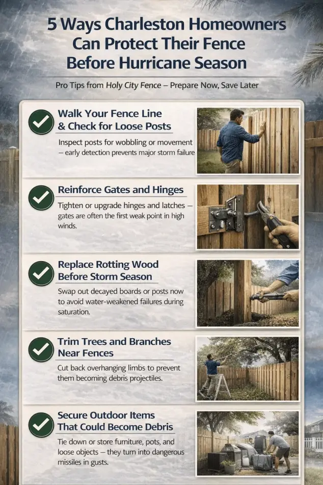 Infographics on how can charleston homeowners can protect their fence from Hurricane season